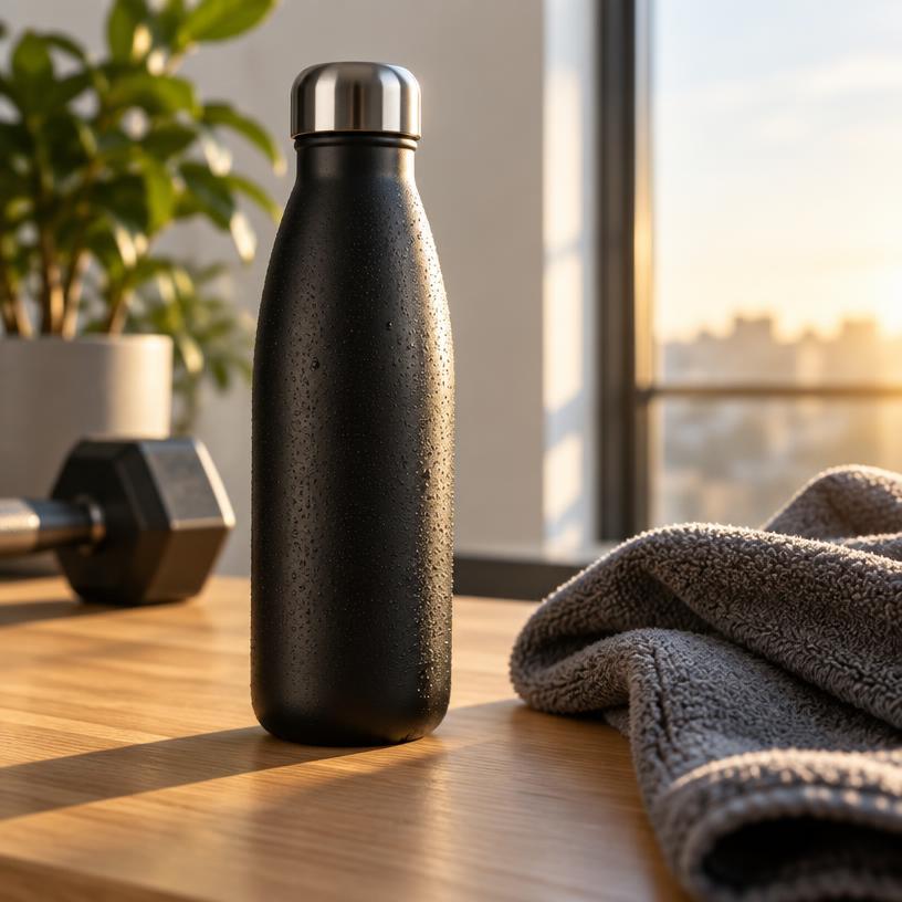 Lifestyle photo of the same water bottle in a sunlit home gym